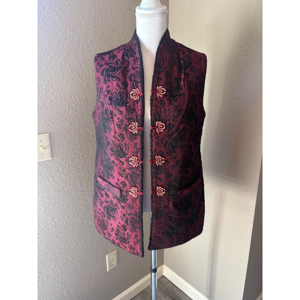 Vintage Quilted Floral Brocade‎ Vest Burgundy Black Frog Toggle Mandarin Collar